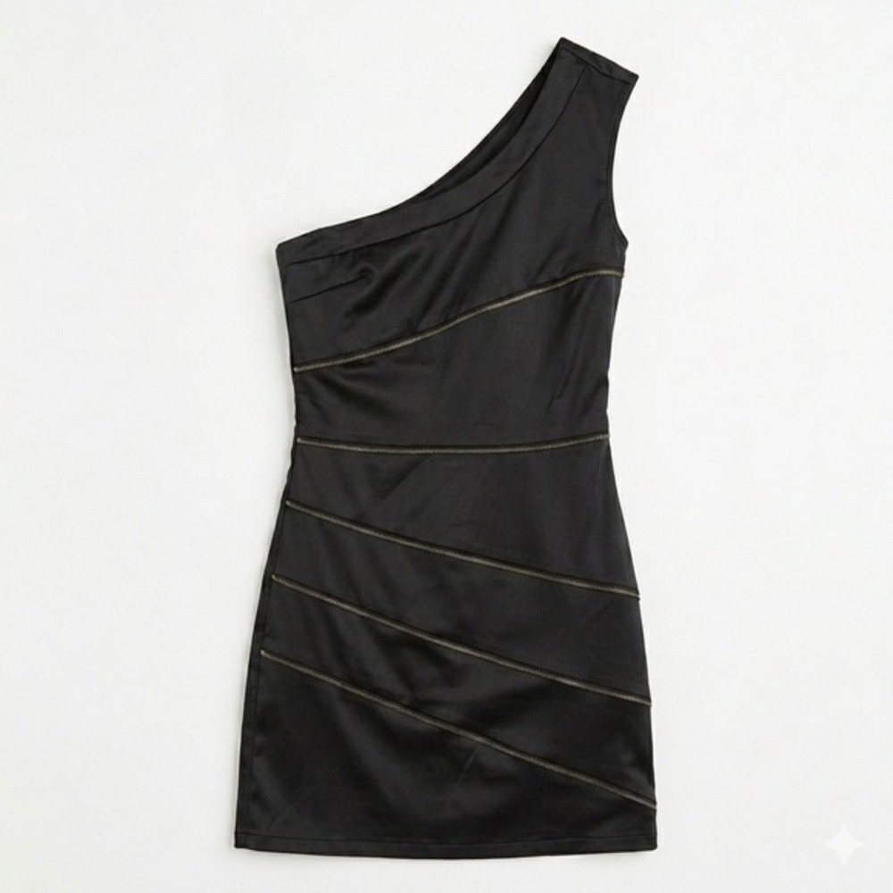 F. Forward One Shoulder Mini Dress Womens XS Black Satin Going Out‎ Party Zipper